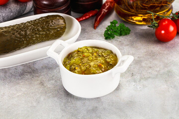 Souce gherkin relish with marinated cucumbers