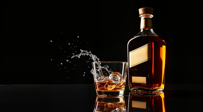 Whiskey splash. A glass of whiskey with ice and a bottle on a black background.