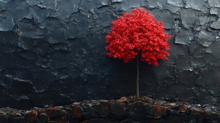 Red tree against dark textured wall.
