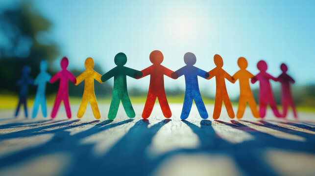Colorful paper figures holding hands in unity outdoors