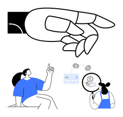 Large hand pointing down, person holding raised finger, another person examining money exchange. Ideal for financial services, customer support, digital transactions, technology interactions, finance