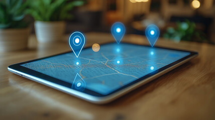 Digital map on tablet with glowing location markers