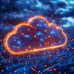 Glowing cloud computing concept with blue and orange lights