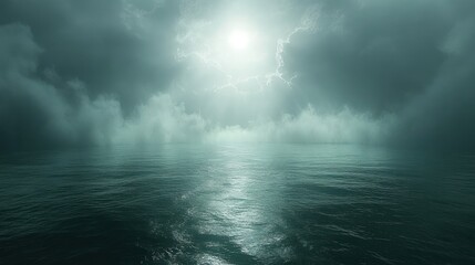 Eerie moonlit ocean scene with dark clouds.