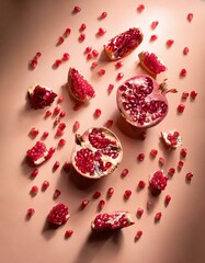 ペールピーチ色の背景に散りばめられたザクロの実とその粒がシンプルながらも力強いドラマを生む構図
