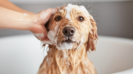 A golden retriever undergoes a thorough bath, with its fur lathered in soap and its eyes closed in contentment.