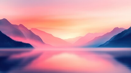 Fototapeta premium Serene sunrise over a tranquil lake with majestic mountains and lush trees