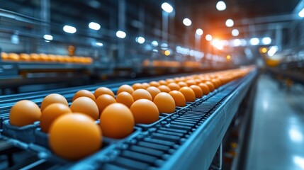 Fototapeta premium Eggs on conveyor belt in processing plant.