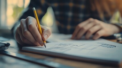 Close-up of artistic hands sketching creative ideas in a minimalist design journal, clean lines and bold shapes visible, sleek desk with modern tools like rulers and pencils,
