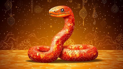 Obraz premium Ornate red snake on gold background.