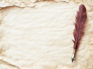 A vintage feather quill pen rests on a crumpled parchment background, evoking writing and creativity.