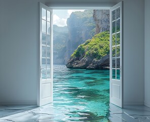 An opened door in a white room leading to a view of a heavenly retreat