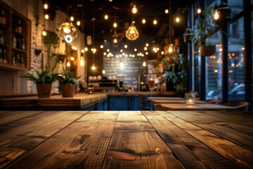 Warm, inviting cafe interior with wooden table, string lights, and lush plants.