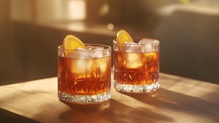 Two Glasses of Amber Liquid Garnished With Orange