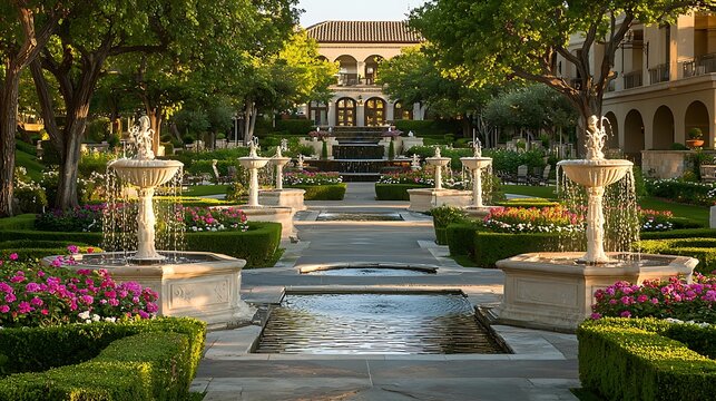 Serene courtyard garden with fountains, flowers, and manicured hedges. (1)