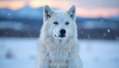 Obraz premium Majestic white wolf gazing in snowy field at dusk, natural beauty