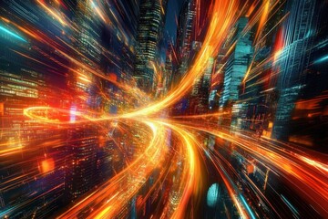 abstract technology background depicts a mesmerizing concert of light speed connecting to city- with vibrant streaks of energy intertwining and pulsating against a backdrop of futuristic skyscrapers-
