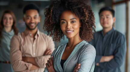 Fototapeta premium Collaboration, leadership, and a diverse group of professionals in an office setting focusing on support, community, and shared success
