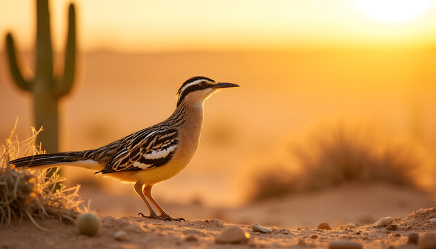 Alert roadrunner bird standing in desert at sunrise, wildlife beauty