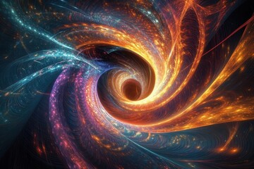 An abstract technology background illustration depicts a mesmerizing wormhole- with swirling patterns of light and color creating a sense of depth and mystery- evoking concept of interdimensional trav