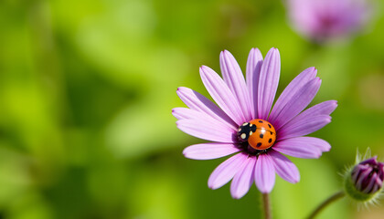 Fototapeta premium Ladybug resting on purple wildflower petal in sunny garden, nature's beauty