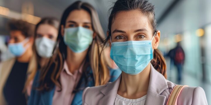 Travelers wearing masks await their flight at an airport, showcasing safety, security, and diversity as they hold tickets and passports for a business trip