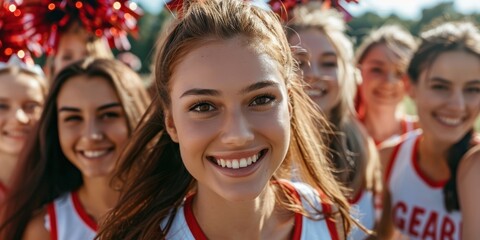 Group portrait of women cheerleaders training outdoors, showcasing dance and performance skills for fitness, teamwork, and enthusiasm during a sports event