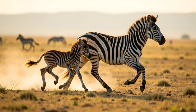 Zebra foal joyfully racing beside its mother on savanna, natural bond