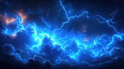 Electric blue lightning storm in dark night sky.
