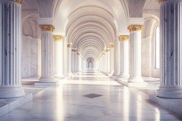 Long Hallway with White Columns and Gold Trim