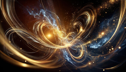 Ursprung, Geburt und Neuanfang - Konzept: Illustration turbulenter kosmischer Konstellationen in leuchtendem Gold und Blau