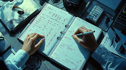 Close-up of hands writing a daily schedule in a sleek modern planner, clean workspace with muted tones and subtle decor, natural light creating a bright yet serene setting, hd quality,