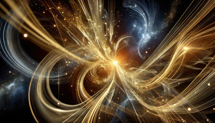 Kosmische Geburt - Neujahrskonzept: Illustration dynamisch bewegter kosmischer Lichtbahnen mit strahlendem Zentrum