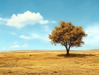 A solitary tree stands in a golden landscape under a blue sky with scattered clouds.