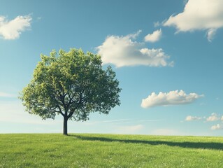 Fototapeta premium A solitary tree stands on a grassy hill under a bright blue sky with fluffy clouds.