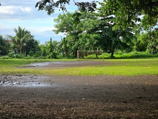 An overgrown soccer goalpost surrounded by lush green vegetation, set on a wet and slightly muddy field