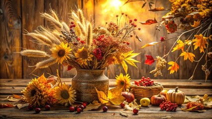 Fototapeta premium Autumnal bouquet of sunflowers, grasses, and berries in a rustic vase, surrounded by vibrant leaves and pumpkins on a wooden table