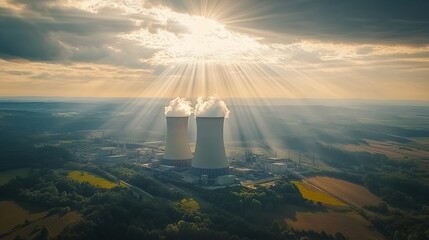 Aerial view of a nuclear power plant with three towers, set against a beautiful landscape