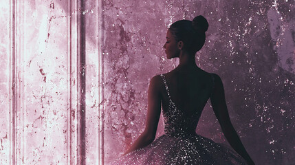 Ballerina gracefully poses in a sparkling gown against a shimmering backdrop during evening rehearsal