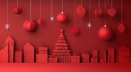 Stylish Christmas background with a red color scheme, in a 3D paper cut style. 