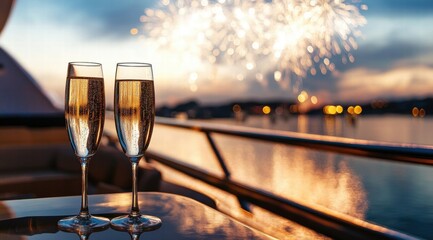 Two champagne glasses on the table of a modern yacht, with blurred fireworks in the sky background