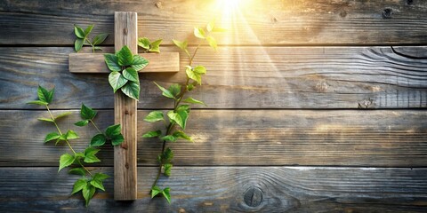 Fototapeta premium A weathered wooden cross adorned with lush green leaves and bathed in warm sunlight, symbolizing hope, renewal, and faith.
