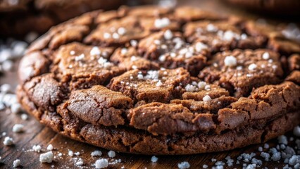 A Close-Up of a Chocolate Chip Cookie with White Sugar Crystals on a Wooden Surface