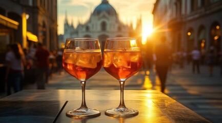 Two glasses of spritz on the table, is the Milan Cathedral at sunset, creating a romantic atmosphere