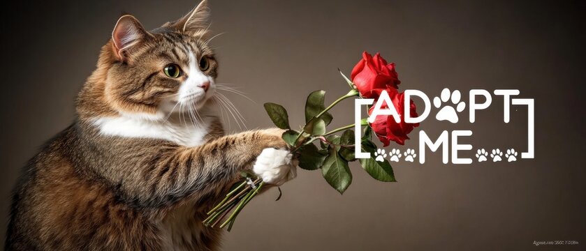 S&uuml;&szlig;e Katze bietet Rosen an: Adoptiere mich  Stockfoto