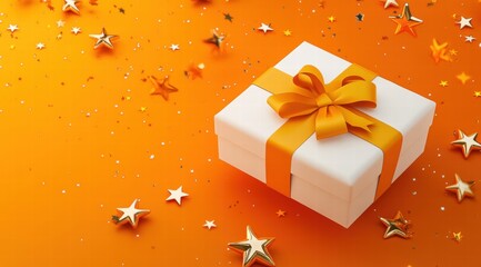 White gift box with yellow ribbon, flying stars on an orange background, 3D rendering illustration