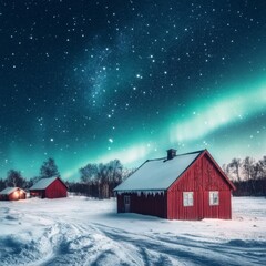 Red Cabins Under Starry Aurora Night Sky Winter Landscape Snow Covered Ground Trees