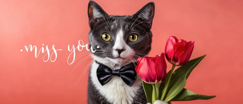 Eleganter Kater mit roter Tulpenstrau&szlig;, vermisst dich  Valentinstag, Liebe