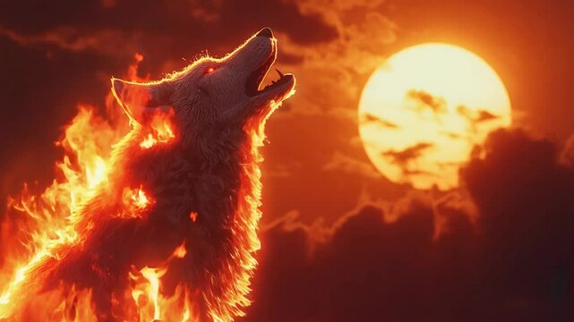 A fiery wolf howling at a blazing sunset, its fur flickering with flames, symbolizing loyalty and wild spirit. Background