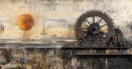 Rusty Gear on Textured Wall With Orange Sun
